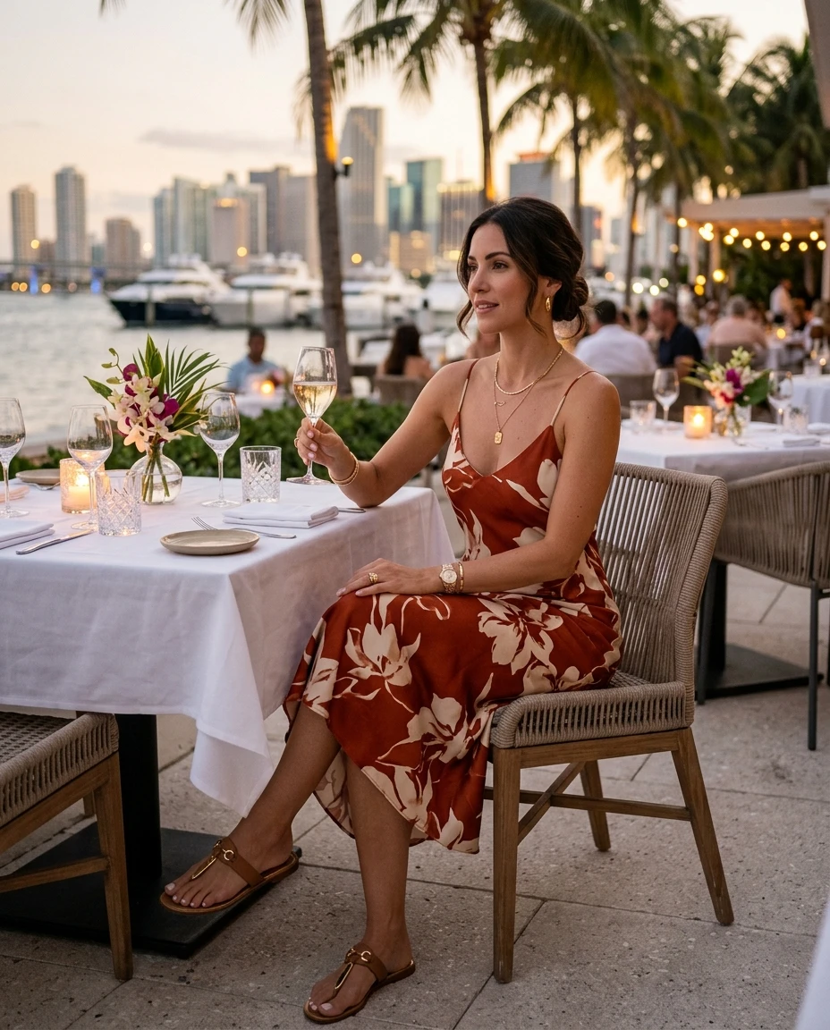 Gemma Deeks Style Guide: Resort chic dinner outfit in Florida Summer 2026
