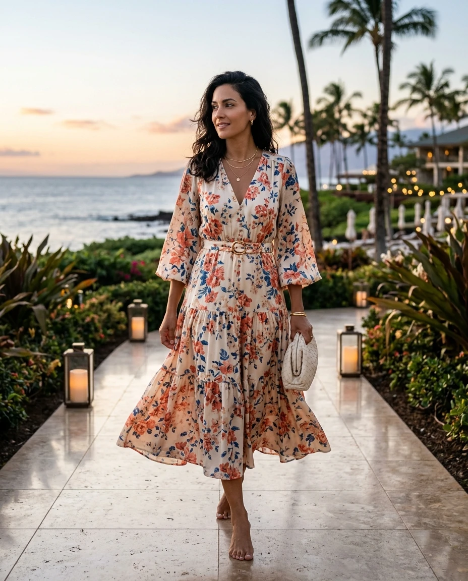 Gemma Deeks Style Guide: Resort chic dinner outfit in Hawaii Summer 2026