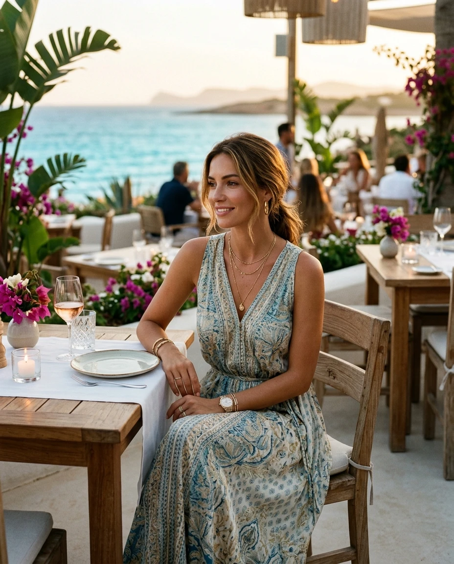 Gemma Deeks Style Guide: Resort chic dinner outfit in Ibiza Summer 2026