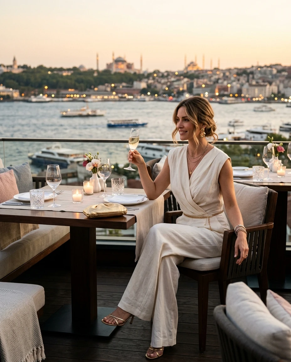 Gemma Deeks Style Guide: Resort chic dinner outfit in Istanbul Summer 2026