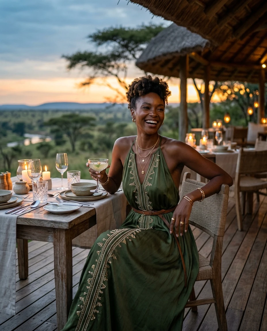 Gemma Deeks Style Guide: Resort chic dinner outfit in Kenya Summer 2026