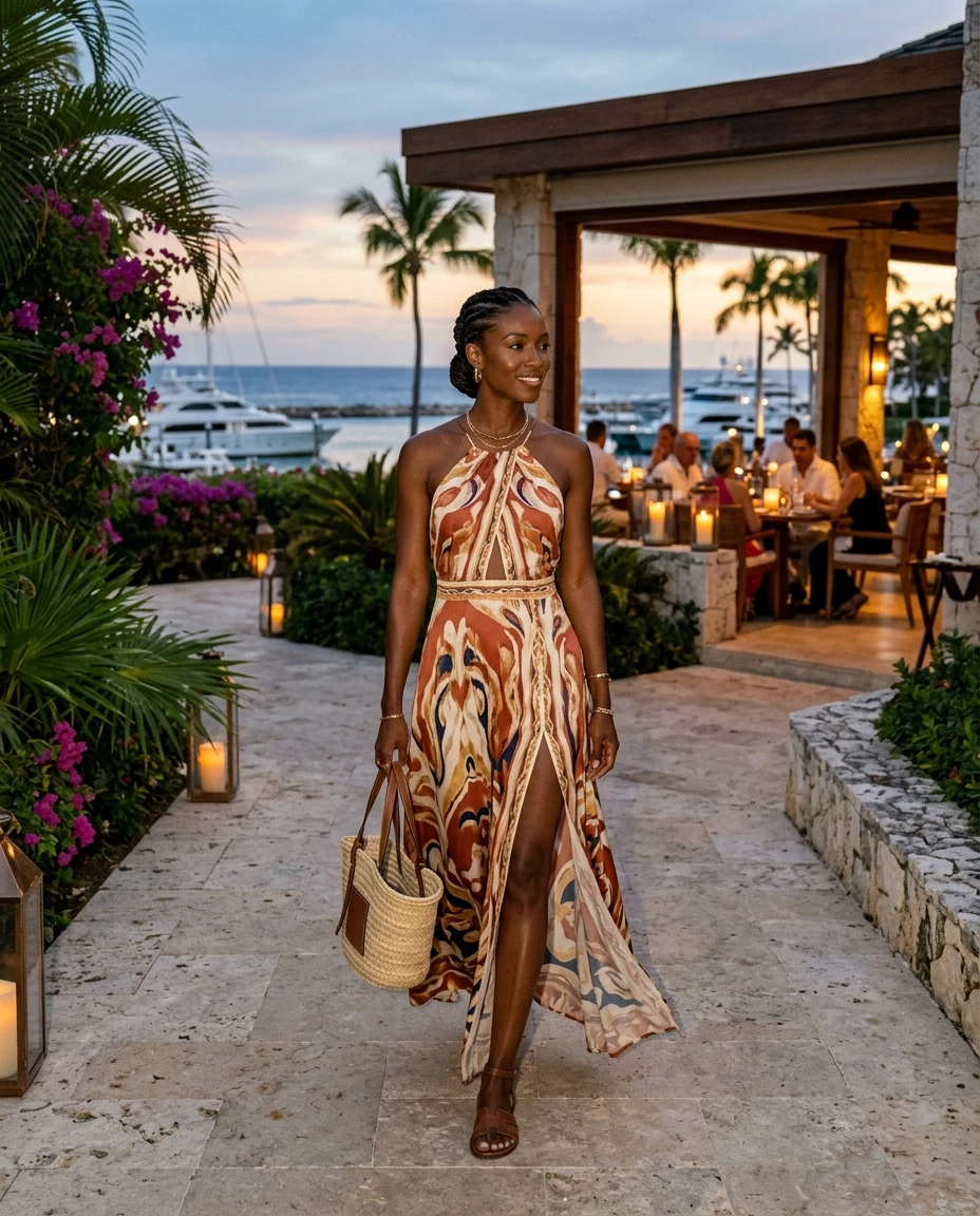 Gemma Deeks Style Guide: Resort chic dinner outfit in La Romana Summer 2026