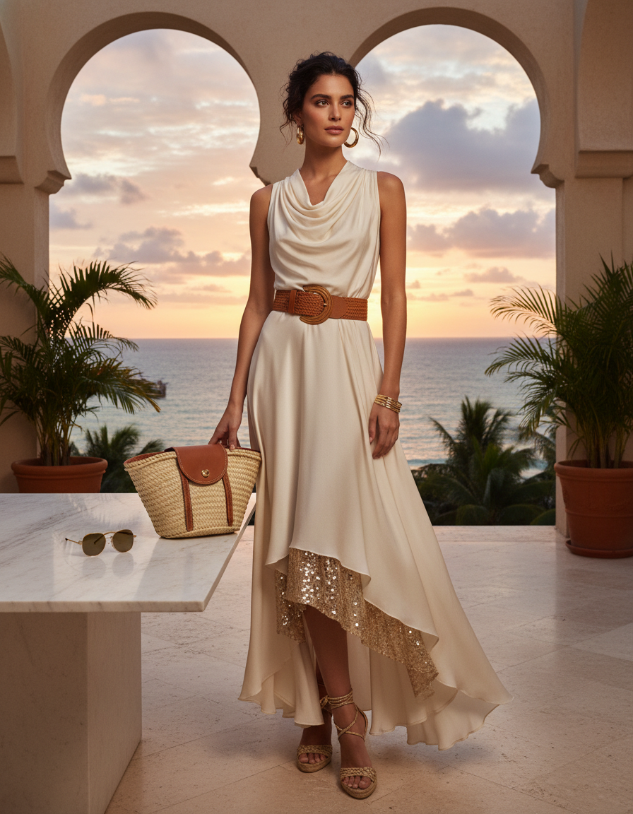 Gemma Deeks Style Guide: Resort chic dinner outfit in Mexico Summer 2026