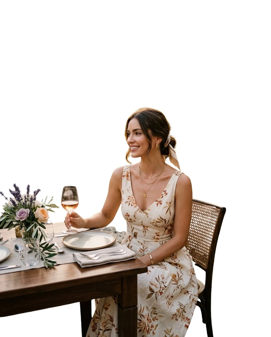Gemma Deeks Style Guide: Resort chic dinner outfit in Provence France Summer 2026