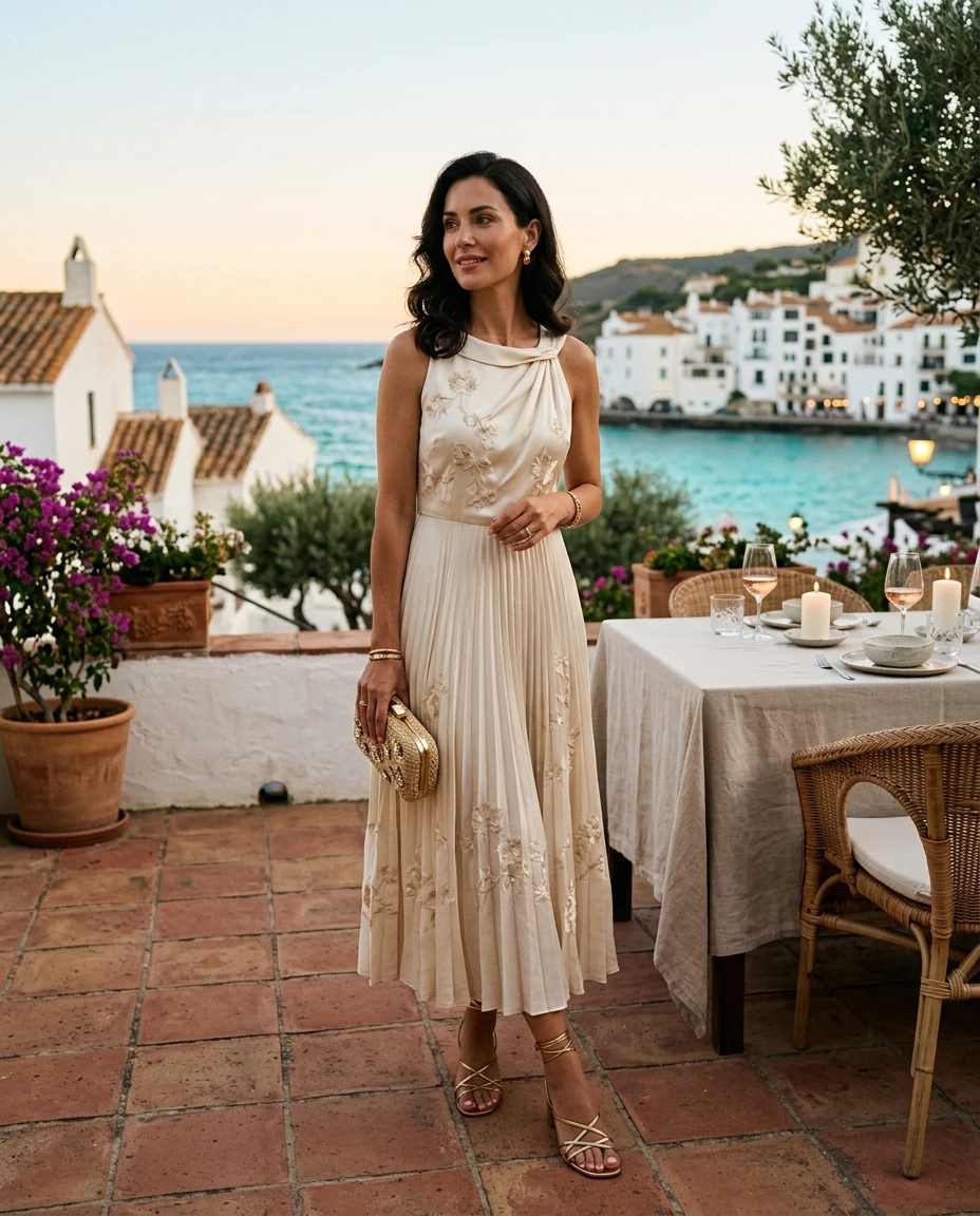 Gemma Deeks Style Guide: Resort chic dinner outfit in Spain Summer 2026