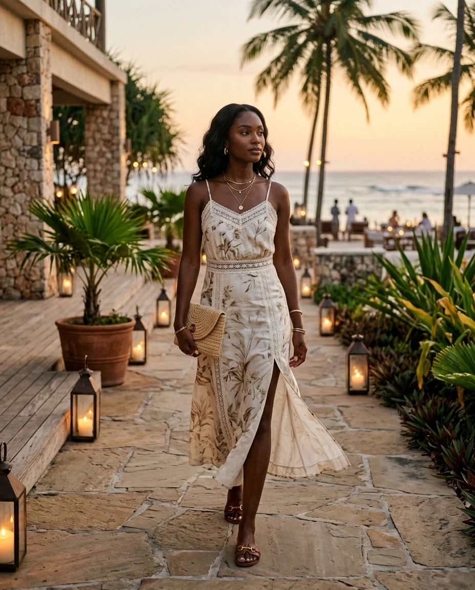Gemma Deeks Style Guide: Resort chic dinner outfit in Zanzibar Summer 2026