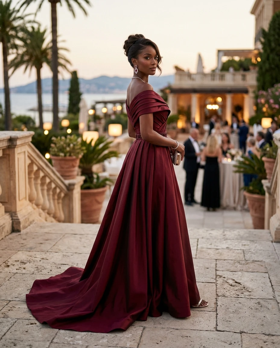 Gemma Deeks Style Guide: Resort chic gala gown in Burgundy Summer 2026