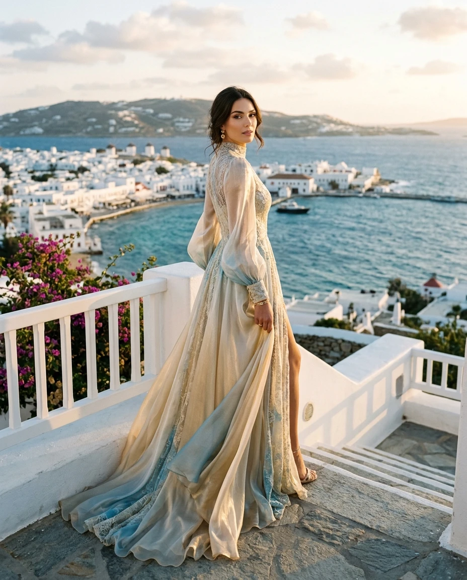 Gemma Deeks Style Guide: Resort chic gala gown in Mykonos Summer 2026