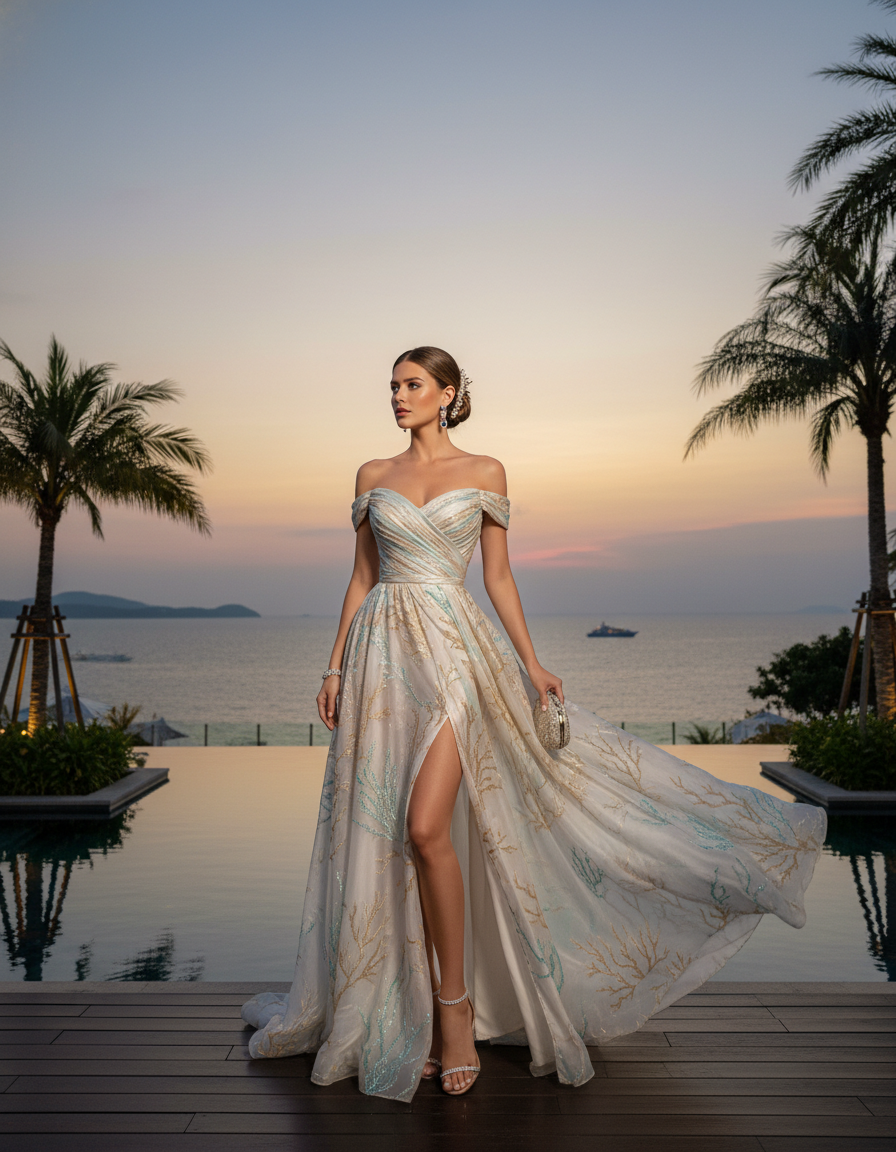 Gemma Deeks Style Guide: Resort chic gala gown in Phuket Summer 2026
