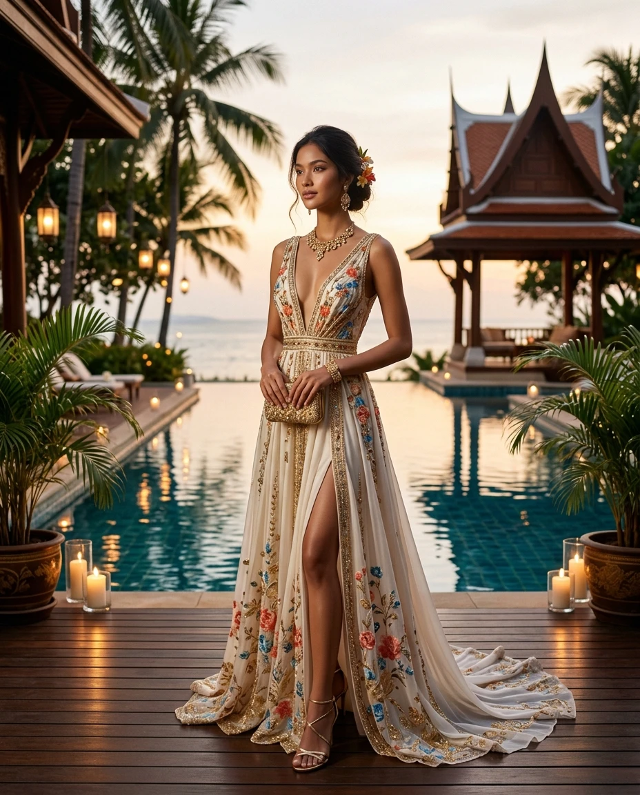 Gemma Deeks Style Guide: Resort chic gala gown in Thailand Summer 2026
