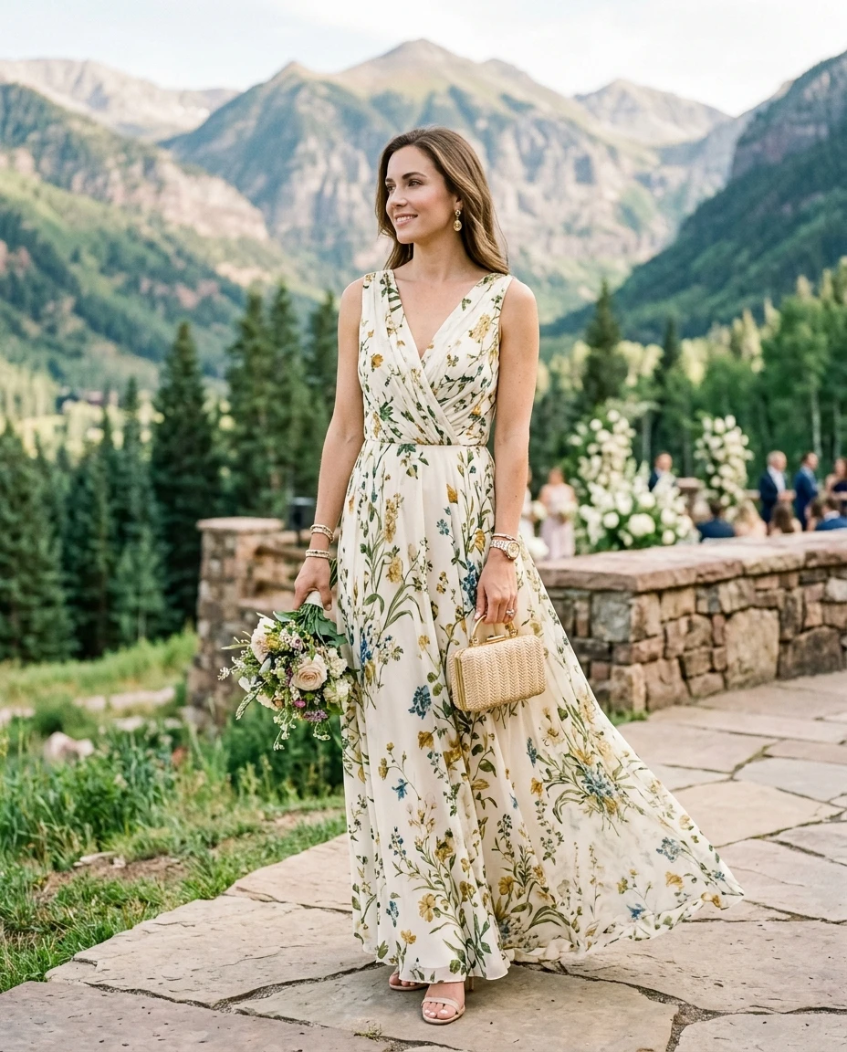 Gemma Deeks Style Guide: Resort chic wedding guest dress in Aspen Summer 2026