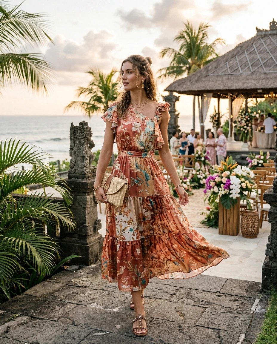 Gemma Deeks Style Guide: Resort chic wedding guest dress in Bali Summer 2026