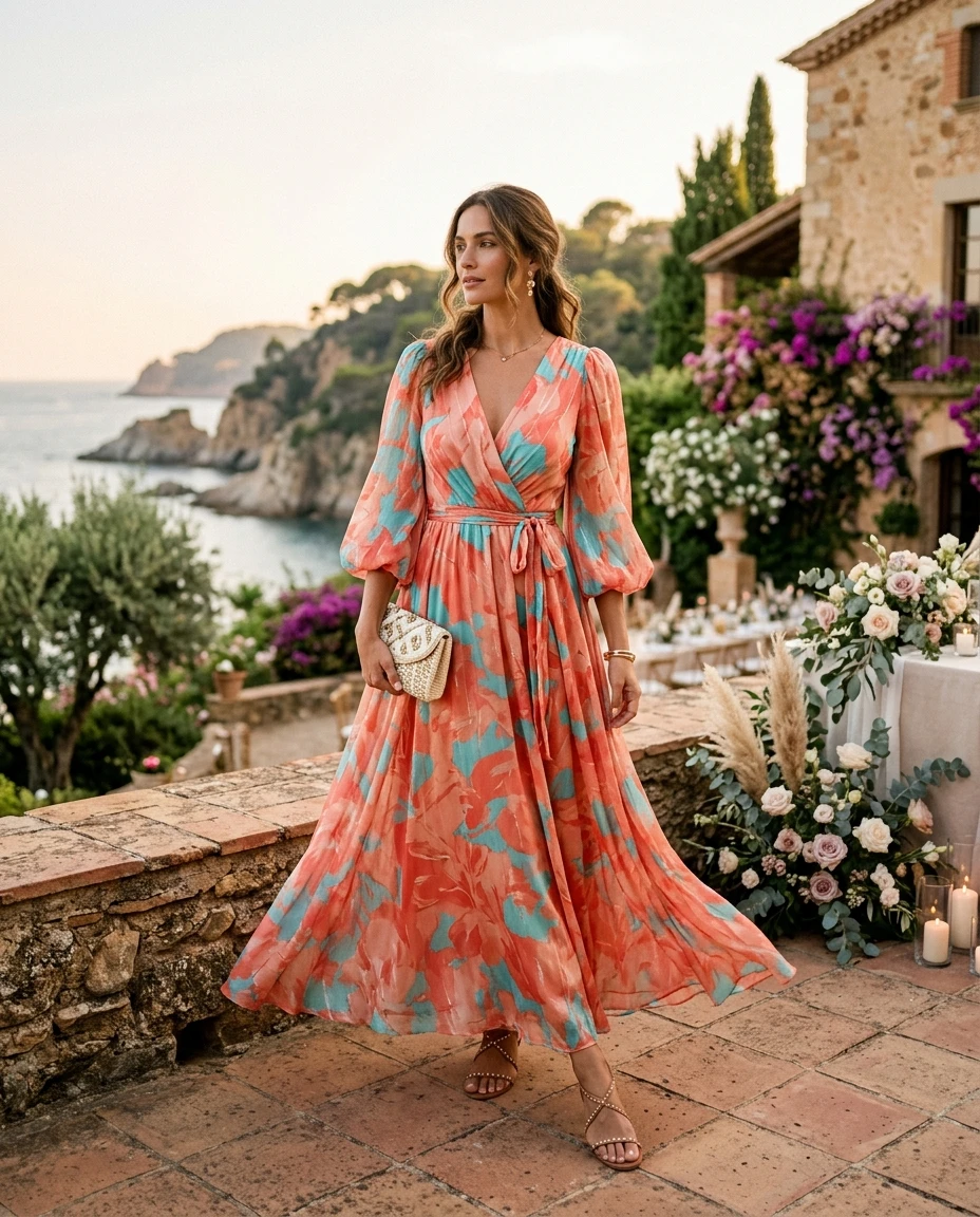 Gemma Deeks Style Guide: Resort chic wedding guest dress in Catalonia Summer 2026
