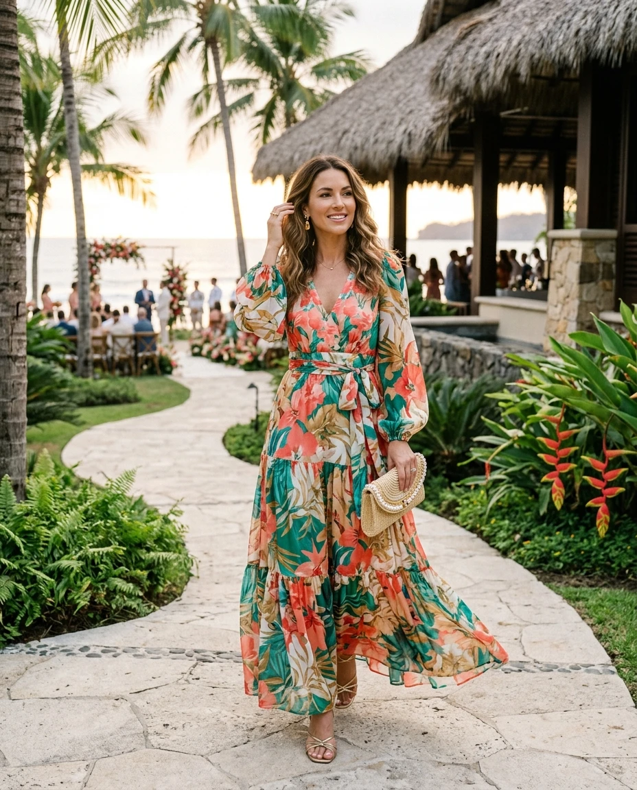 Gemma Deeks Style Guide: Resort chic wedding guest dress in Costa Rica Summer 2026