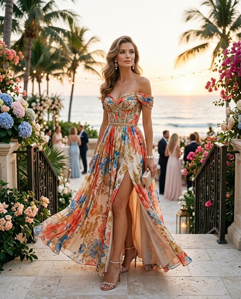 Gemma Deeks Style Guide: Resort chic wedding guest dress in Florida Summer 2026