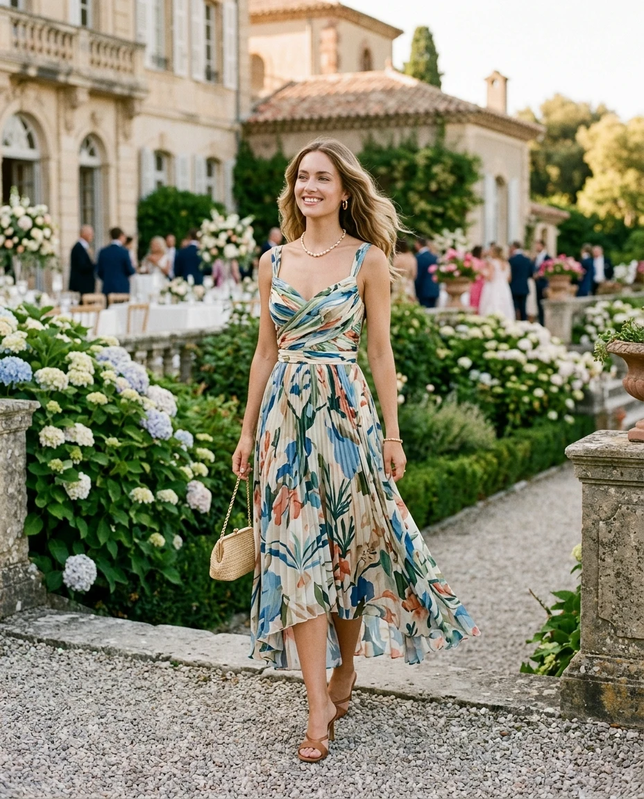 Gemma Deeks Style Guide: Resort chic wedding guest dress in France Summer 2026