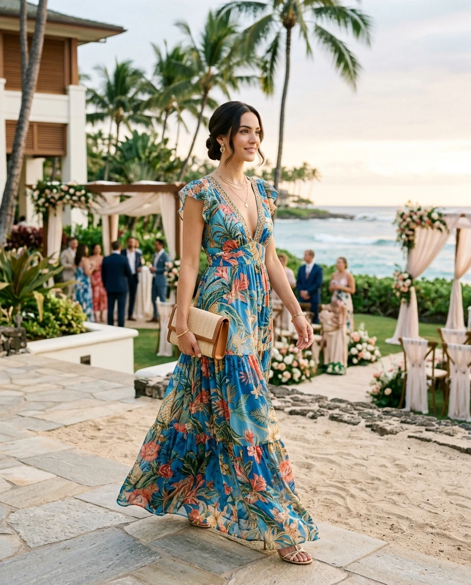 Gemma Deeks Style Guide: Resort chic wedding guest dress in Hawaii Summer 2026