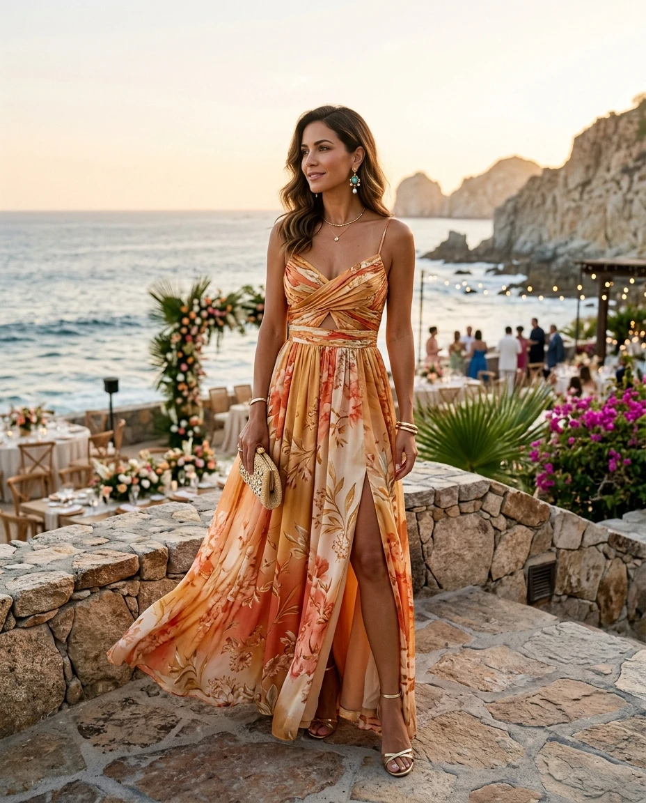 Gemma Deeks Style Guide: Resort chic wedding guest dress in Mexico Summer 2026