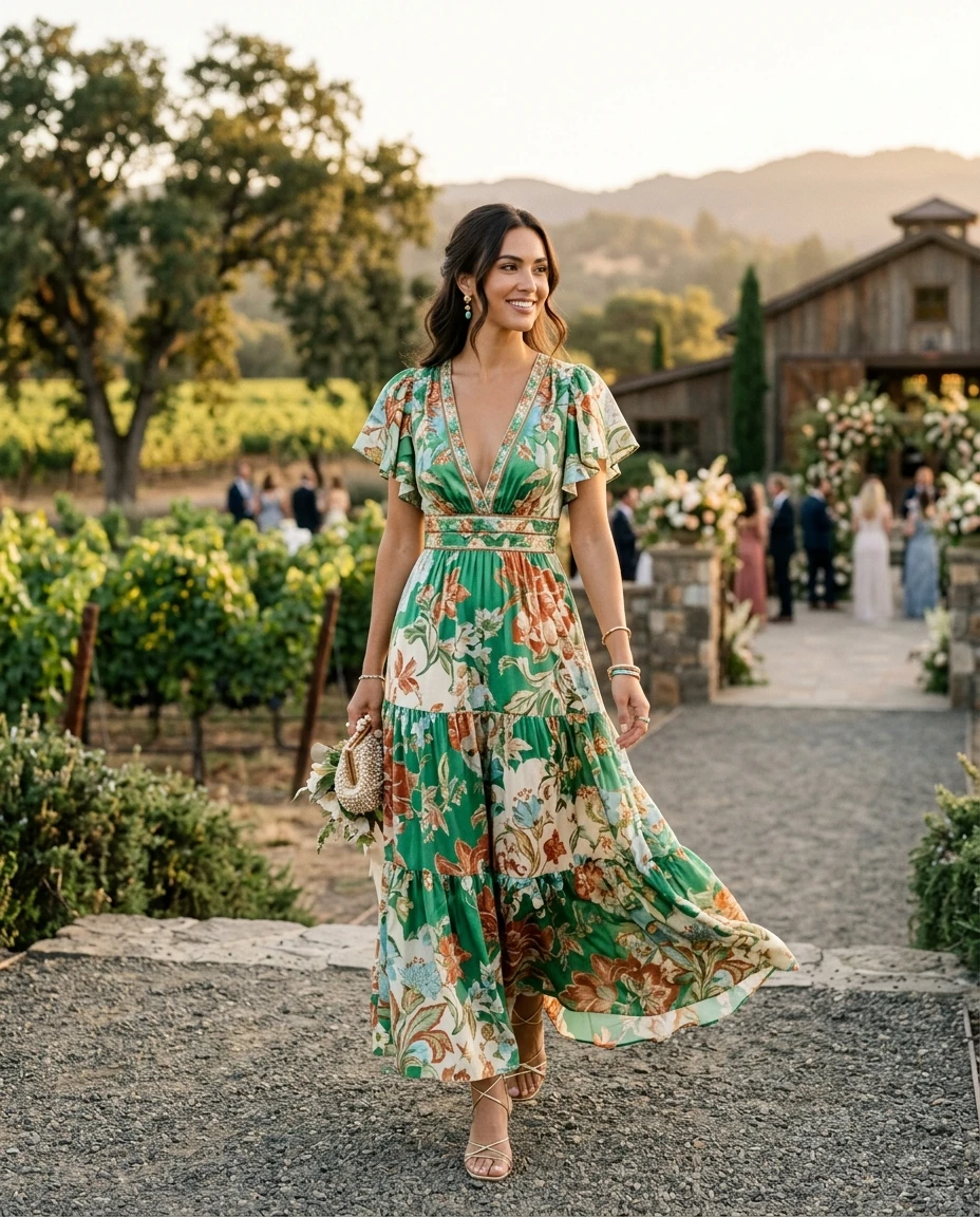 Gemma Deeks Style Guide: Resort chic wedding guest dress in Napa Valley Summer 2026