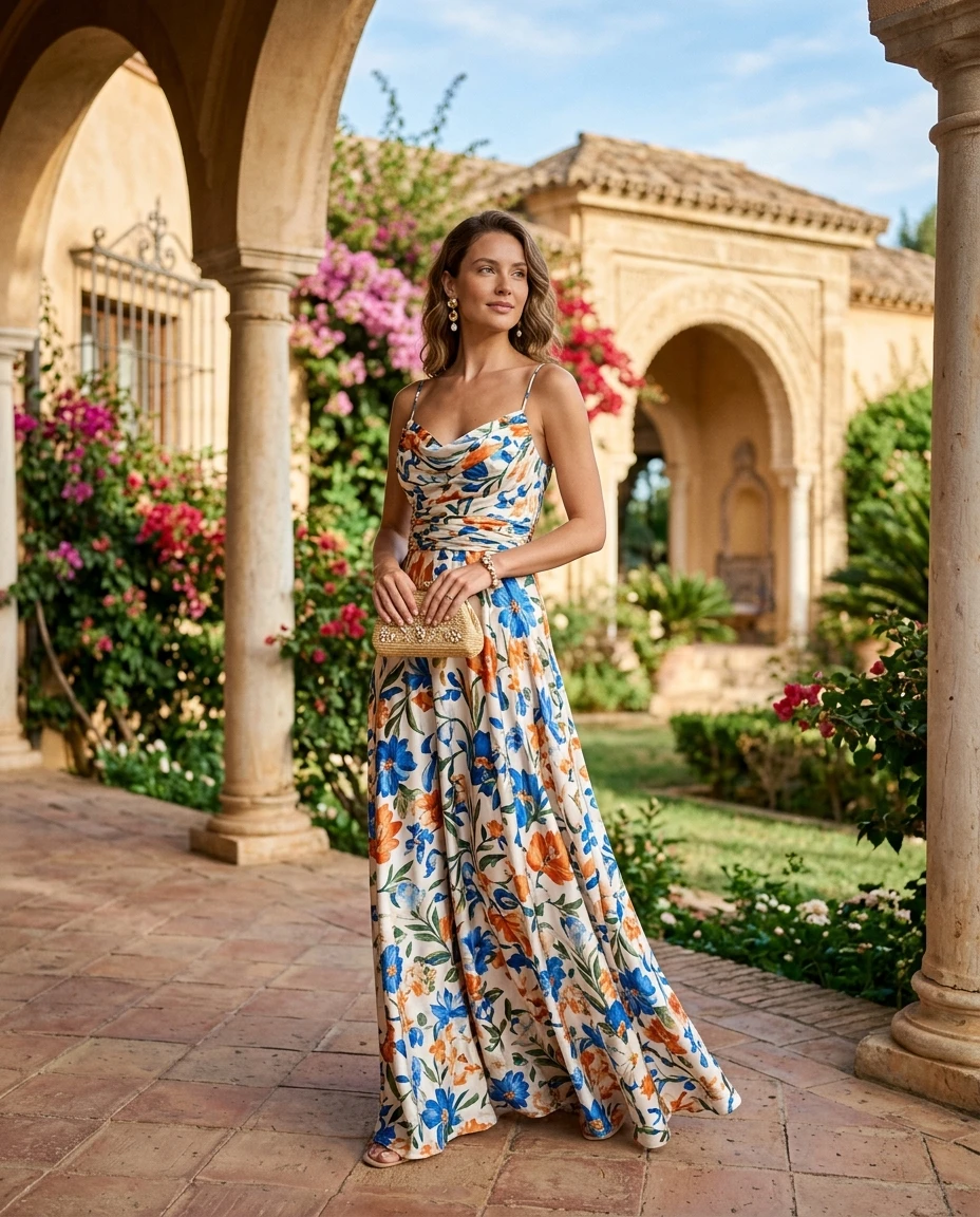 Gemma Deeks Style Guide: Resort chic wedding guest dress in Spain Summer 2026