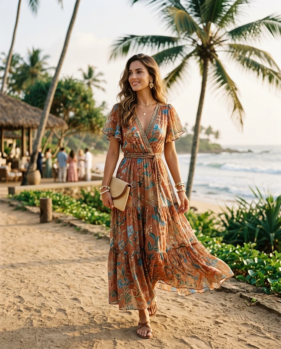 Gemma Deeks Style Guide: Resort chic wedding guest dress in Sri Lanka Summer 2026