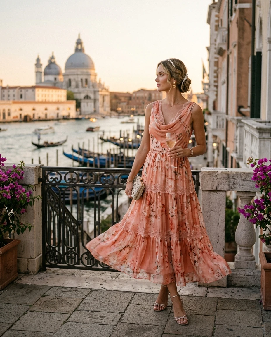 Gemma Deeks Style Guide: Resort chic wedding guest dress in Venice Summer 2026