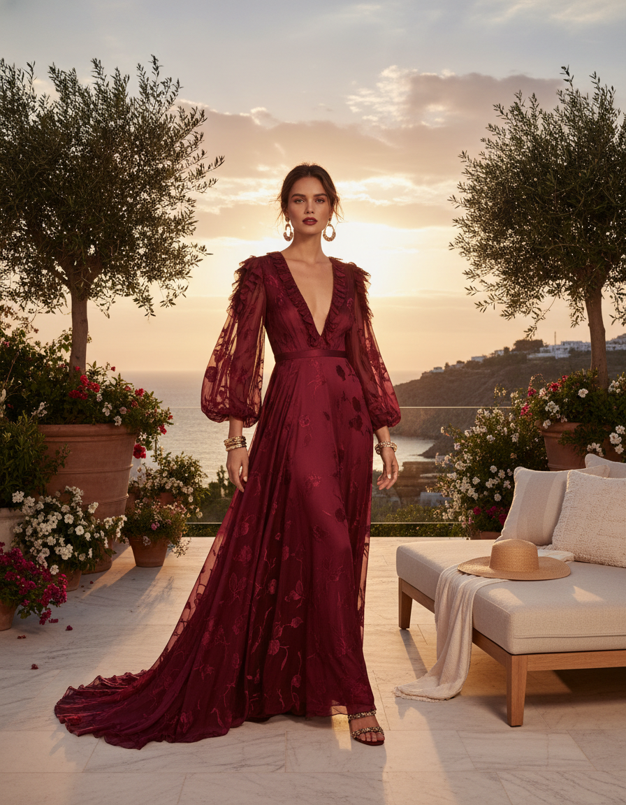 Gemma Deeks Style Guide: Resort Wear Designer Summer Dresses in Burgundy Summer 2026