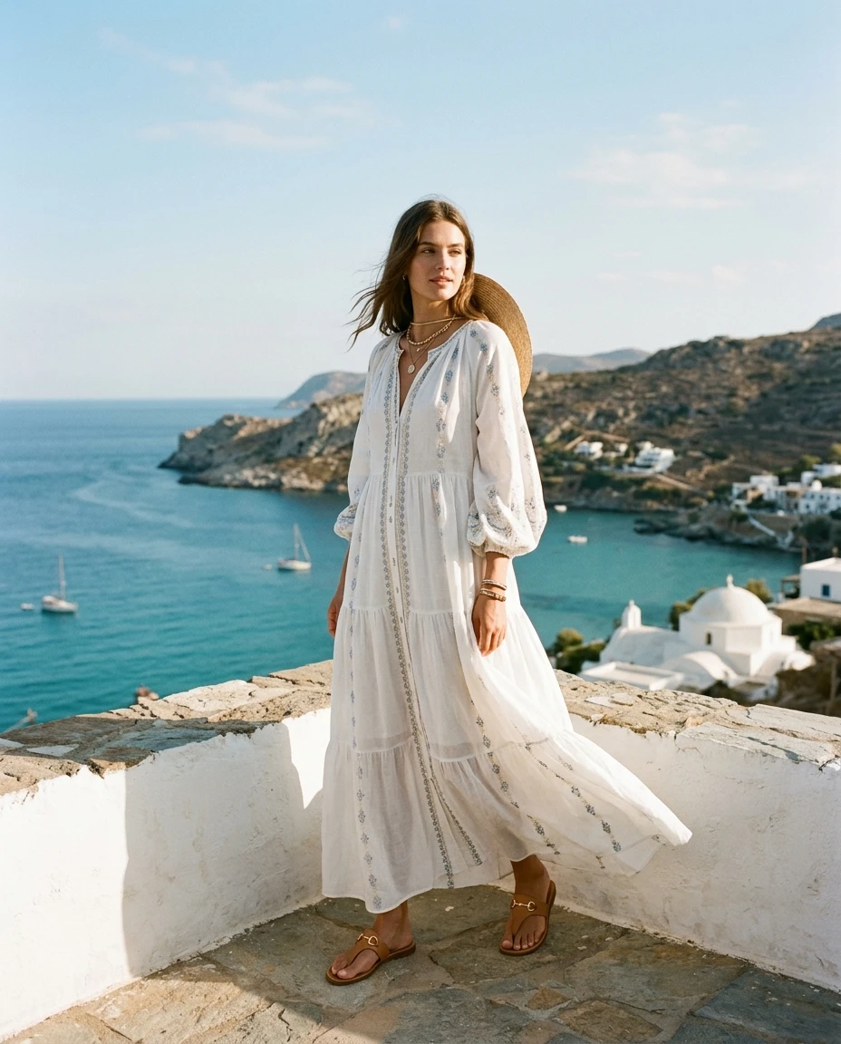 Gemma Deeks Style Guide: Resort Wear Designer Summer Dresses in Crete Summer 2026