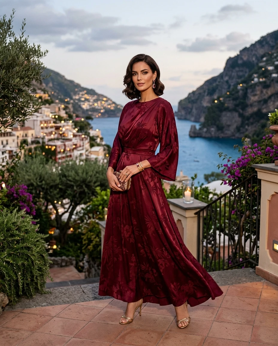 Gemma Deeks Style Guide: Resort Wear dinner outfit in Burgundy Summer 2026