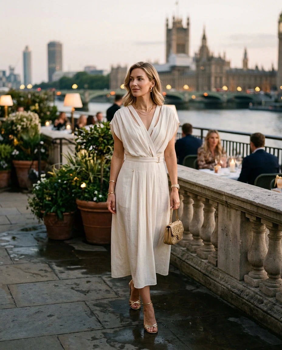 Gemma Deeks Style Guide: Resort Wear dinner outfit in London Summer 2026
