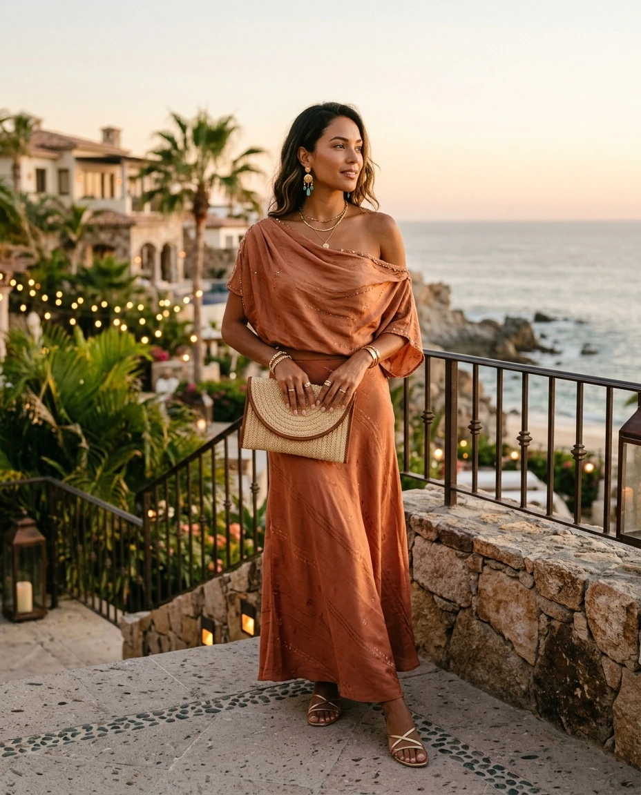 Gemma Deeks Style Guide: Resort Wear dinner outfit in Mexico Summer 2026