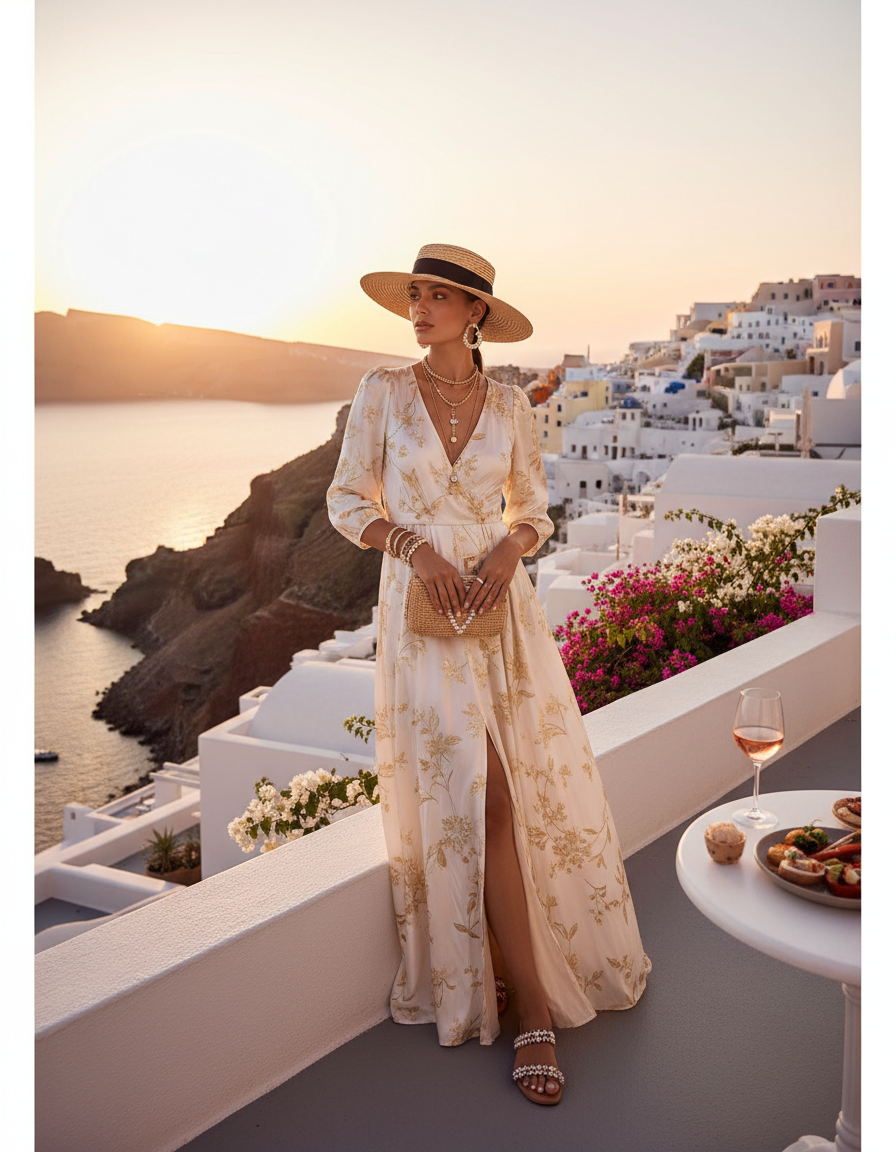 Gemma Deeks Style Guide: Resort Wear dinner outfit in Santorini Summer 2026