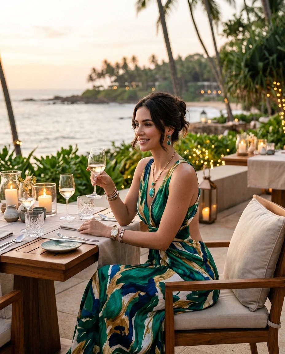 Gemma Deeks Style Guide: Resort Wear dinner outfit in Sri Lanka Summer 2026