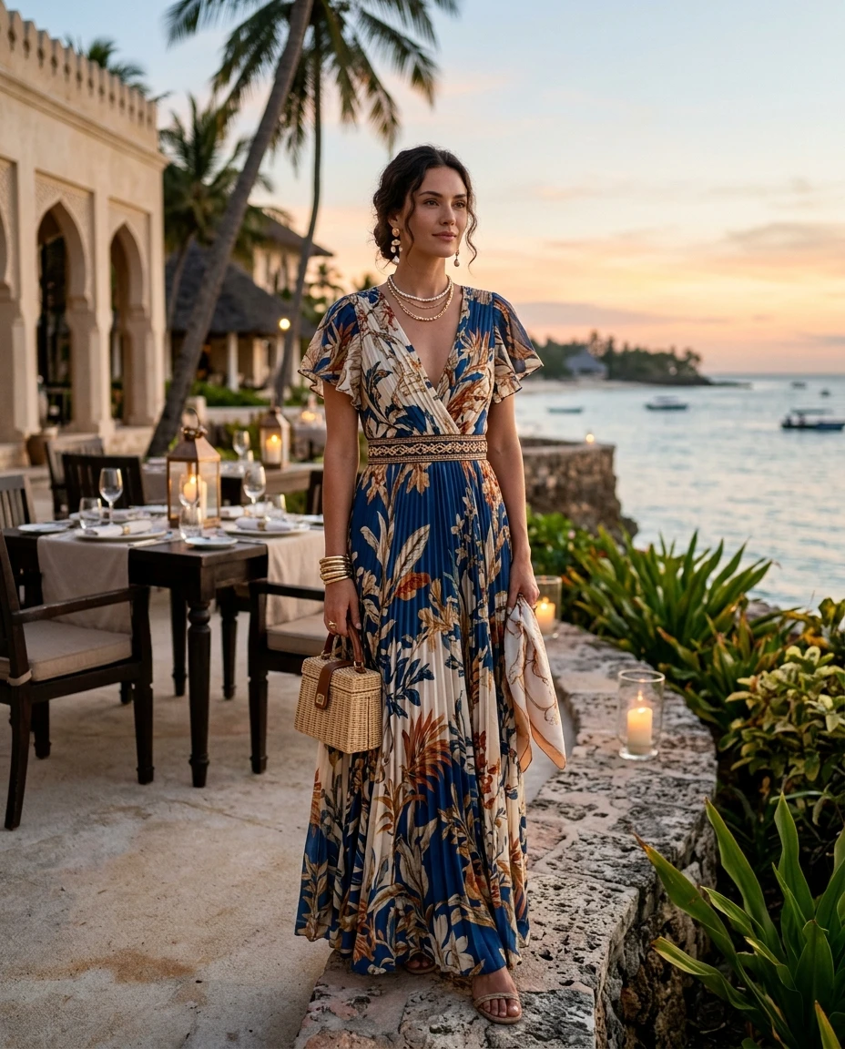 Gemma Deeks Style Guide: Resort Wear dinner outfit in Zanzibar Summer 2026