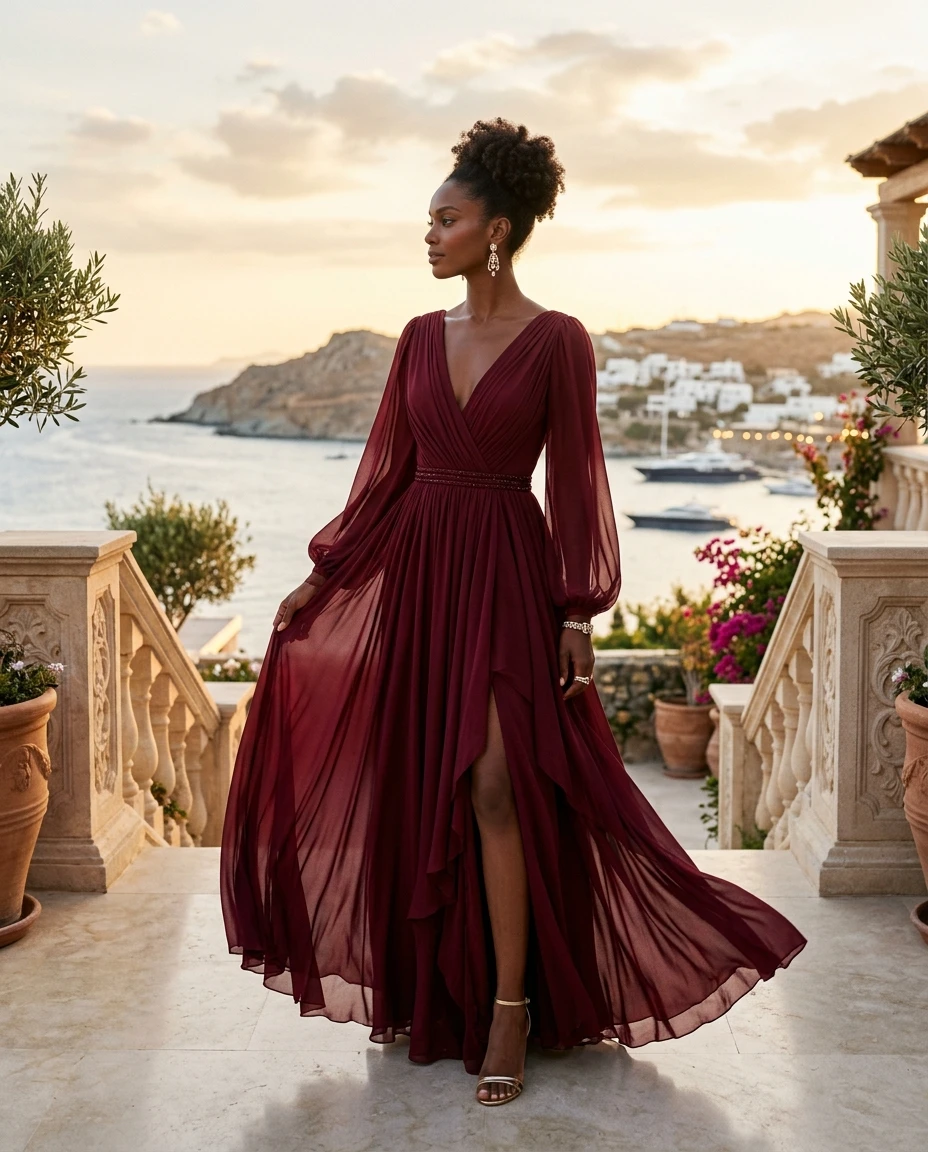 Gemma Deeks Style Guide: Resort Wear gala gown in Burgundy Summer 2026