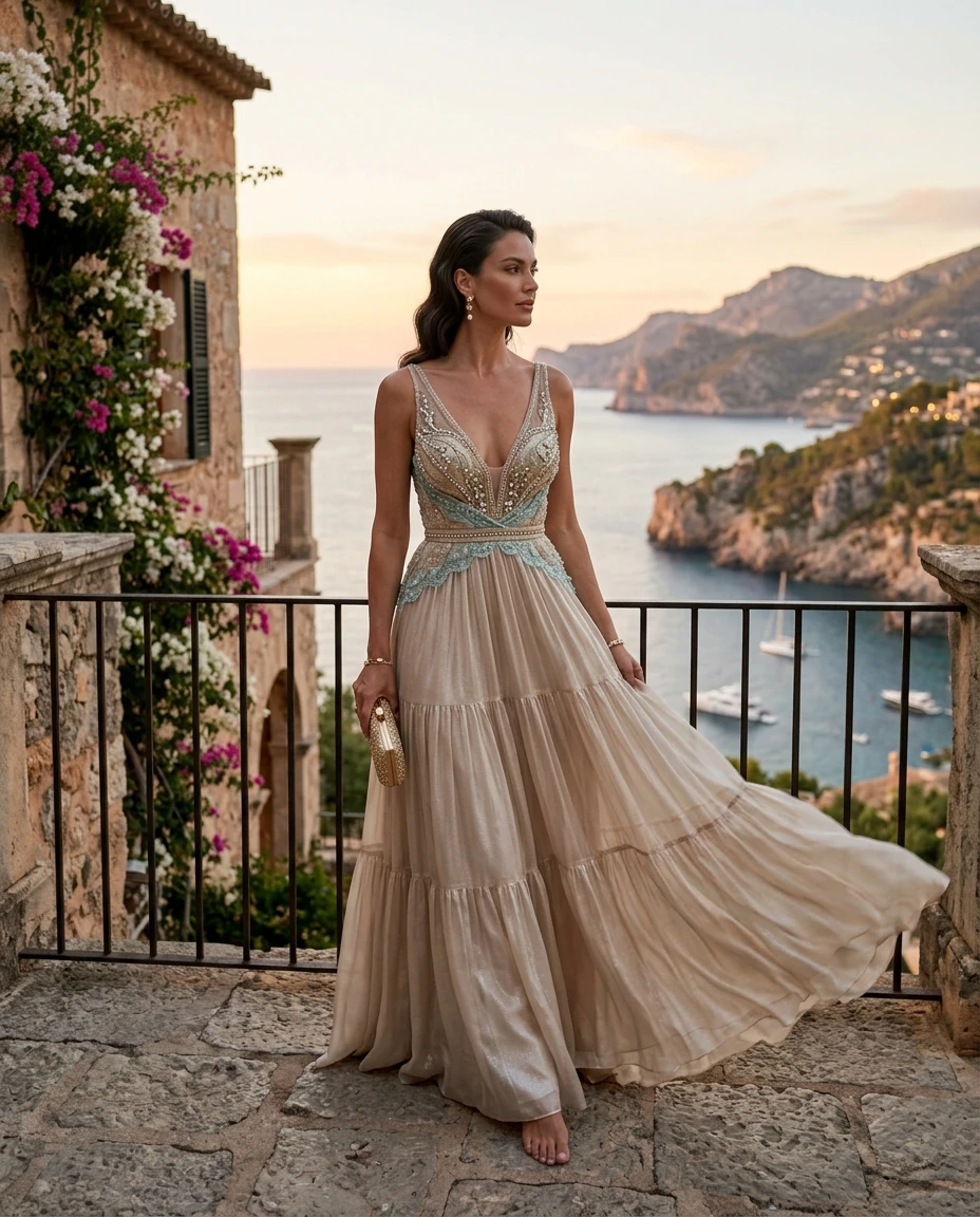 Gemma Deeks Style Guide: Resort Wear gala gown in Majorca Summer 2026