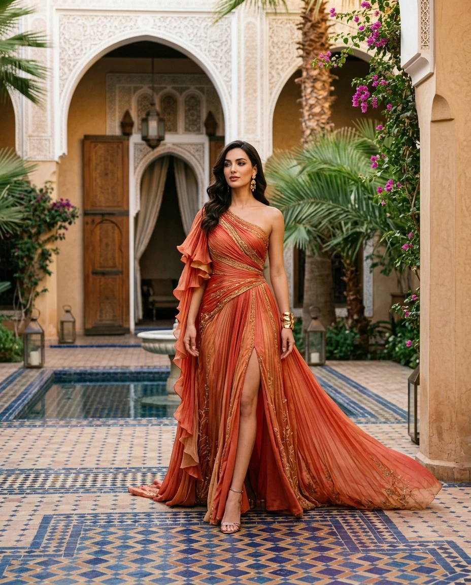 Gemma Deeks Style Guide: Resort Wear gala gown in Marrakech Summer 2026