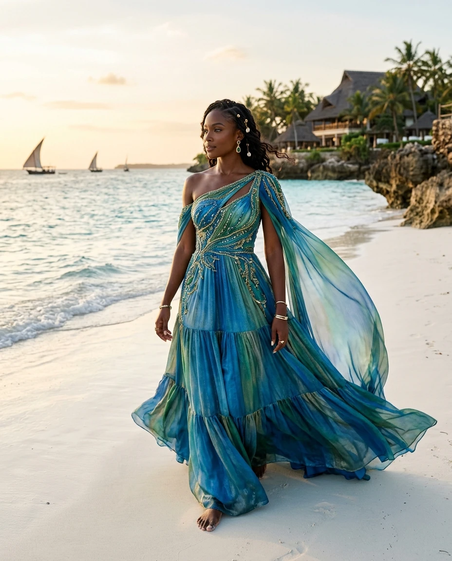 Gemma Deeks Style Guide: Resort Wear gala gown in Zanzibar Summer 2026