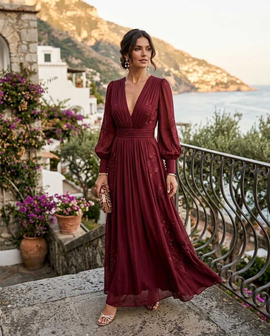 Gemma Deeks Style Guide: Resort Wear wedding guest dress in Burgundy Summer 2026