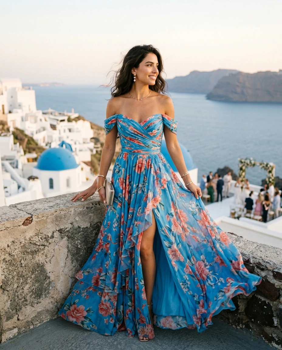 Gemma Deeks Style Guide: Resort Wear wedding guest dress in Santorini Summer 2026