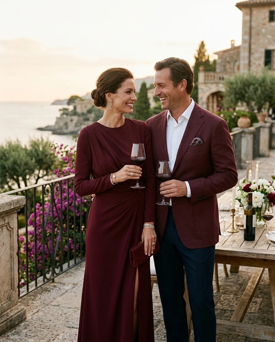 Gemma Deeks Style Guide: Semi Formal Anniversary in Burgundy Summer 2026