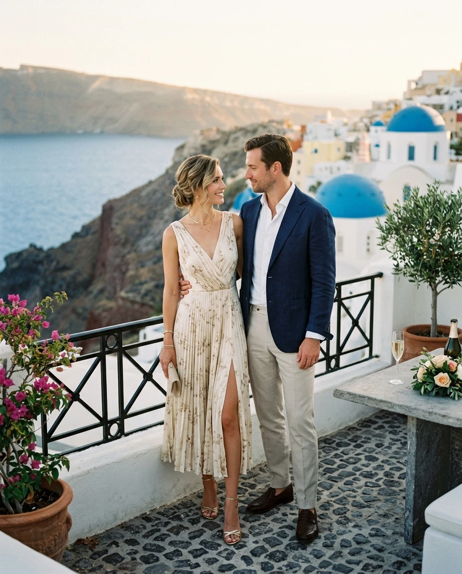 Gemma Deeks Style Guide: Semi Formal Anniversary in Santorini Summer 2026