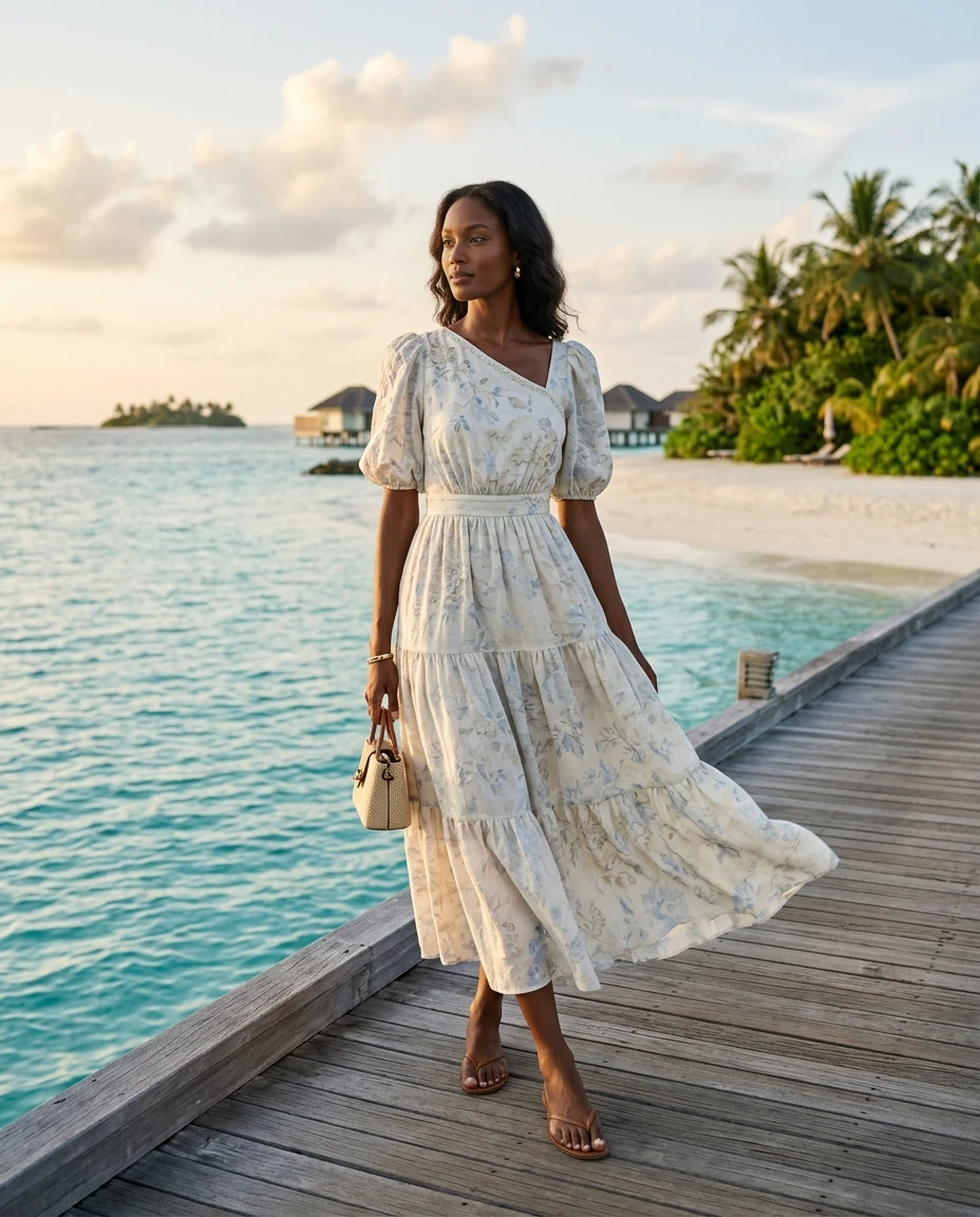 Gemma Deeks Style Guide: Semi Formal Designer Summer Dresses in Maldives Summer 2026