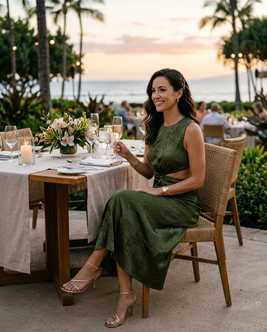 Gemma Deeks Style Guide: Semi Formal dinner outfit in Hawaii Summer 2026