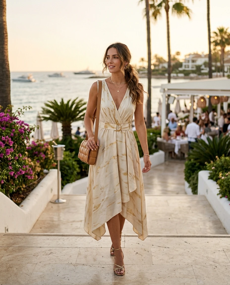 Gemma Deeks Style Guide: Semi Formal dinner outfit in Marbella Summer 2026