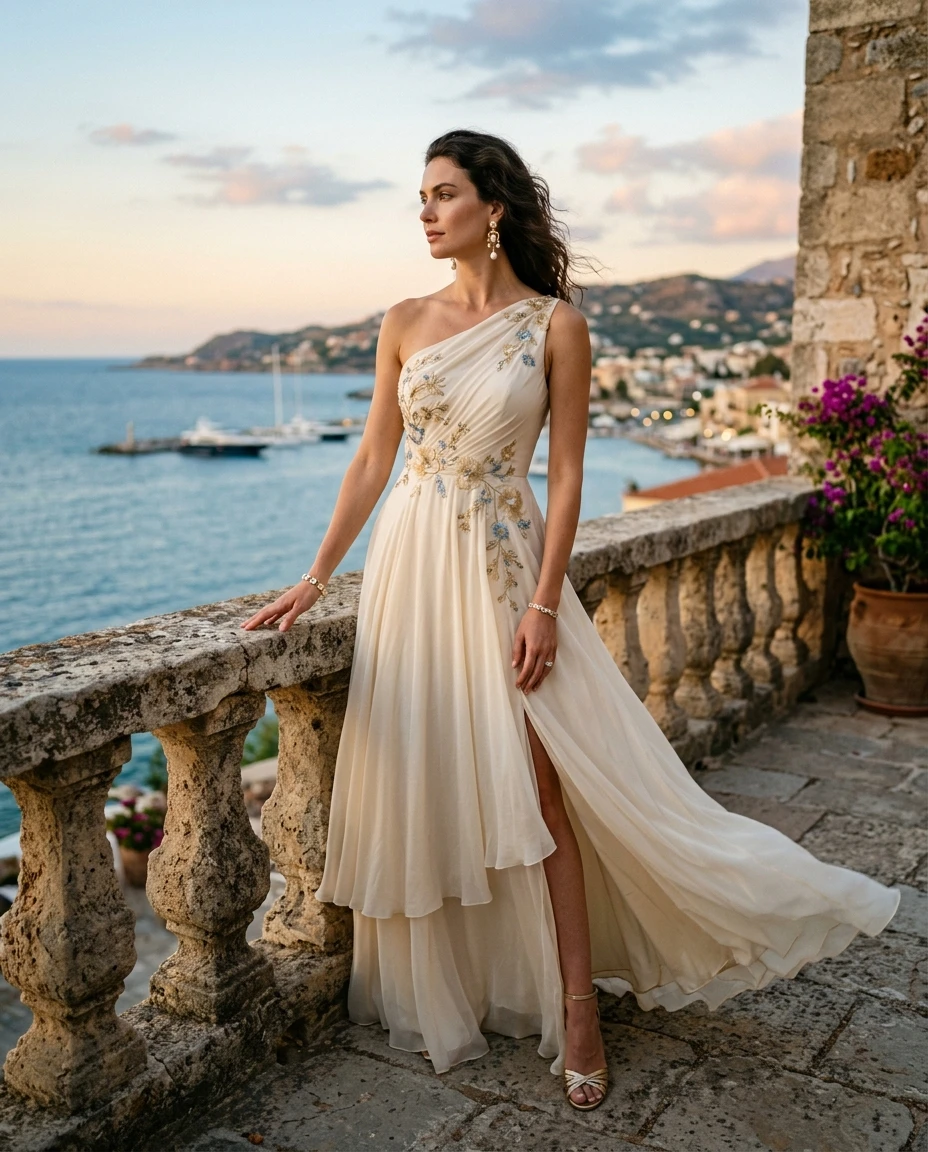 Gemma Deeks Style Guide: Semi Formal gala gown in Crete Summer 2026