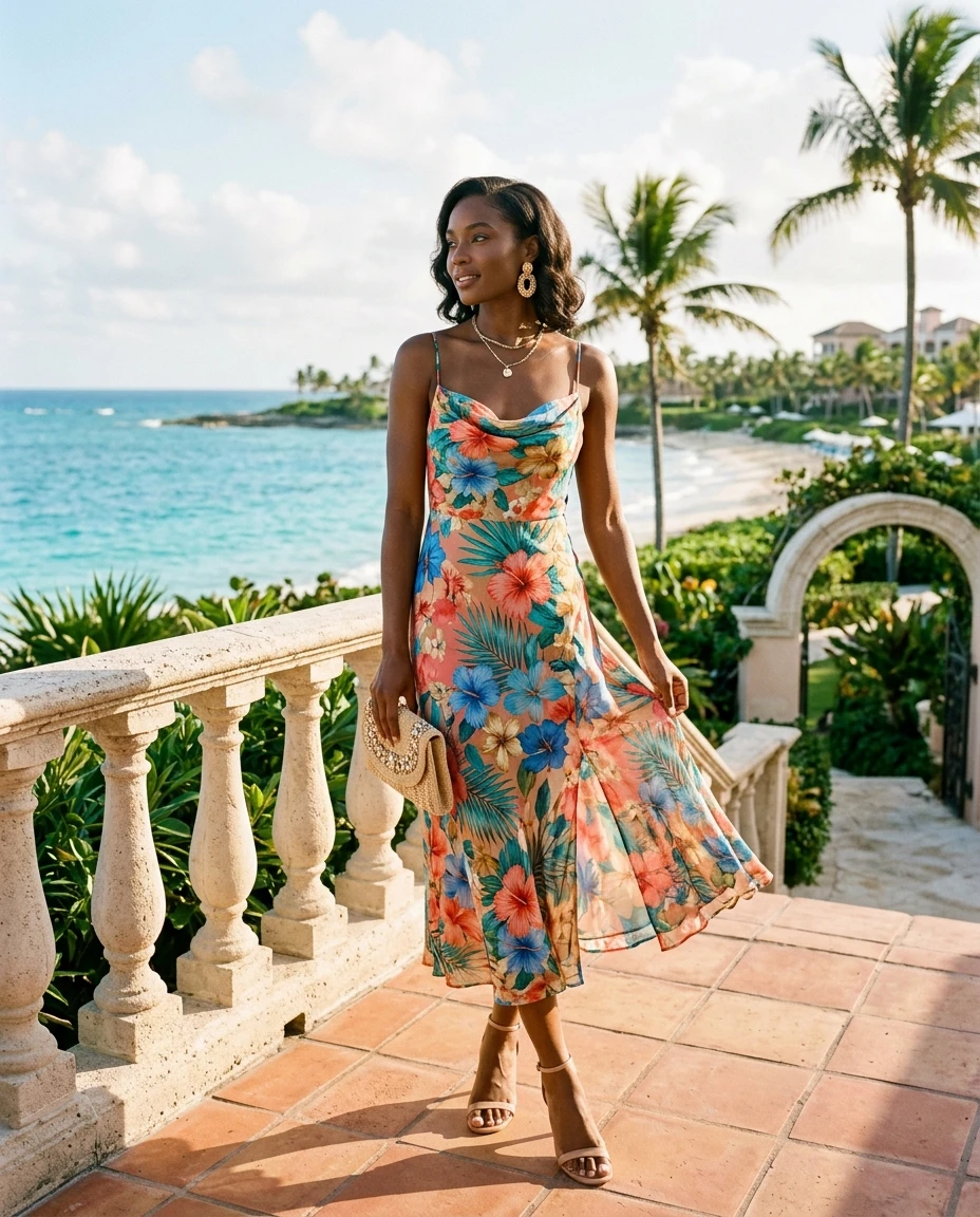 Gemma Deeks Style Guide: Semi Formal wedding guest dress in Bahamas Summer 2026