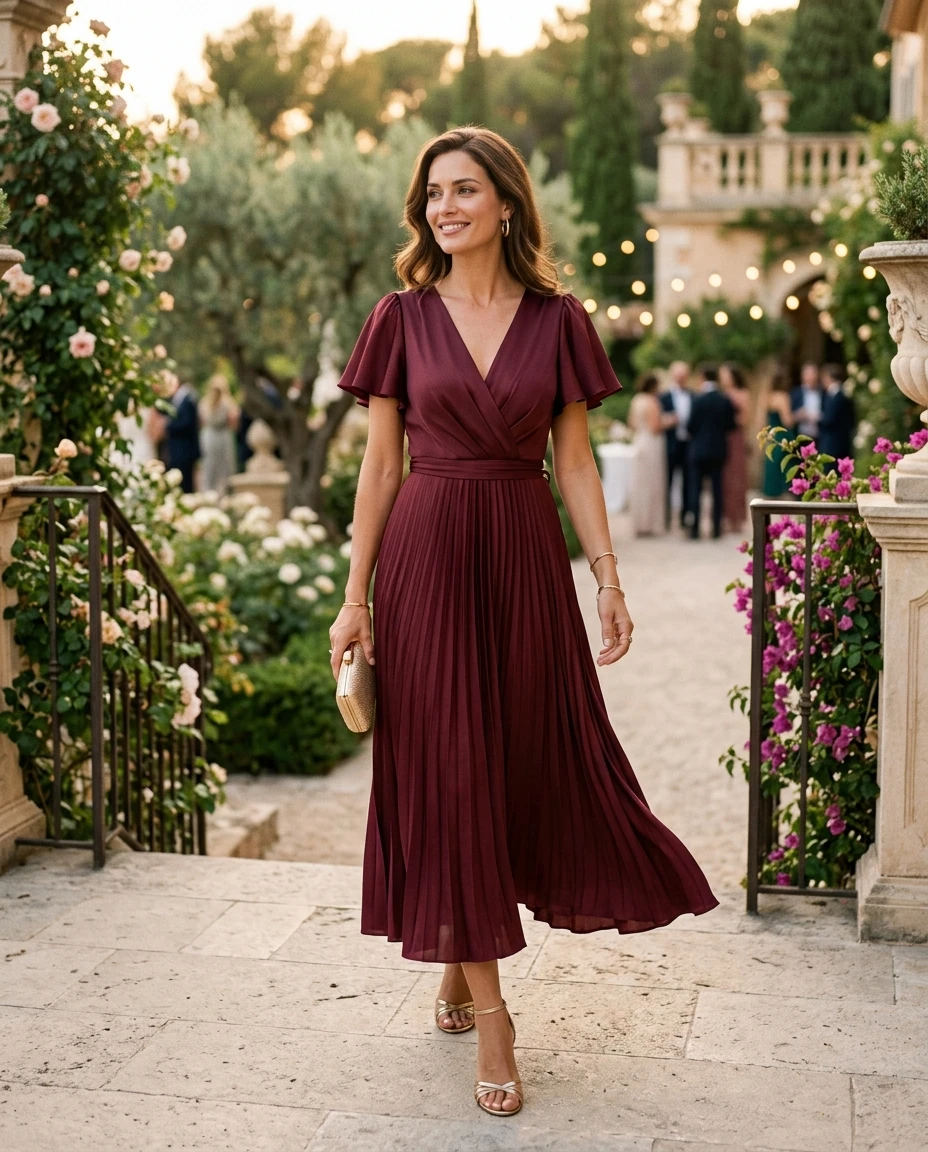 Gemma Deeks Style Guide: Semi Formal wedding guest dress in Burgundy Summer 2026