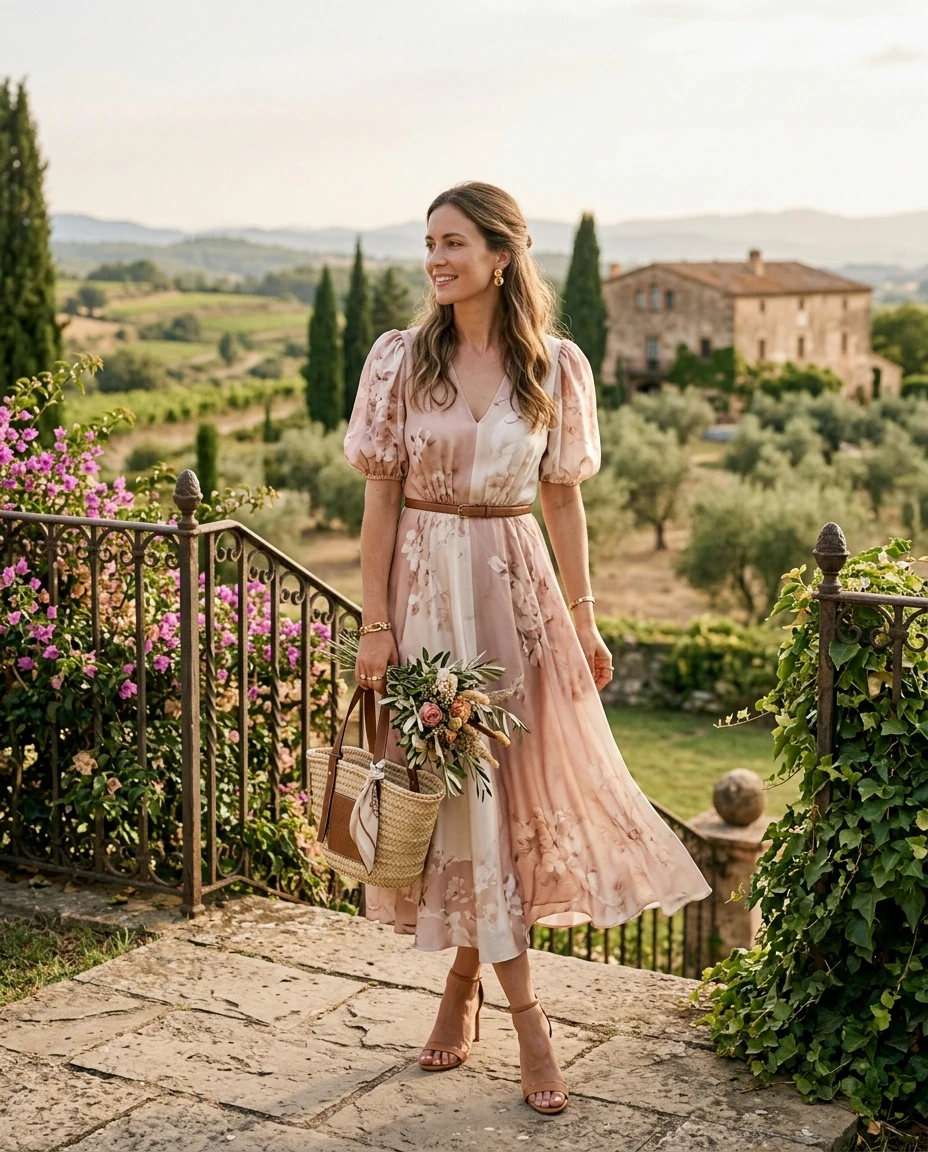 Gemma Deeks Style Guide: Semi Formal wedding guest dress in Catalonia Summer 2026