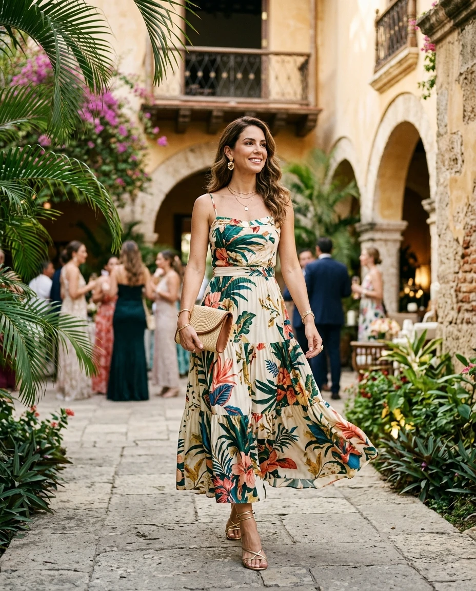 Gemma Deeks Style Guide: Semi Formal wedding guest dress in Colombia Summer 2026